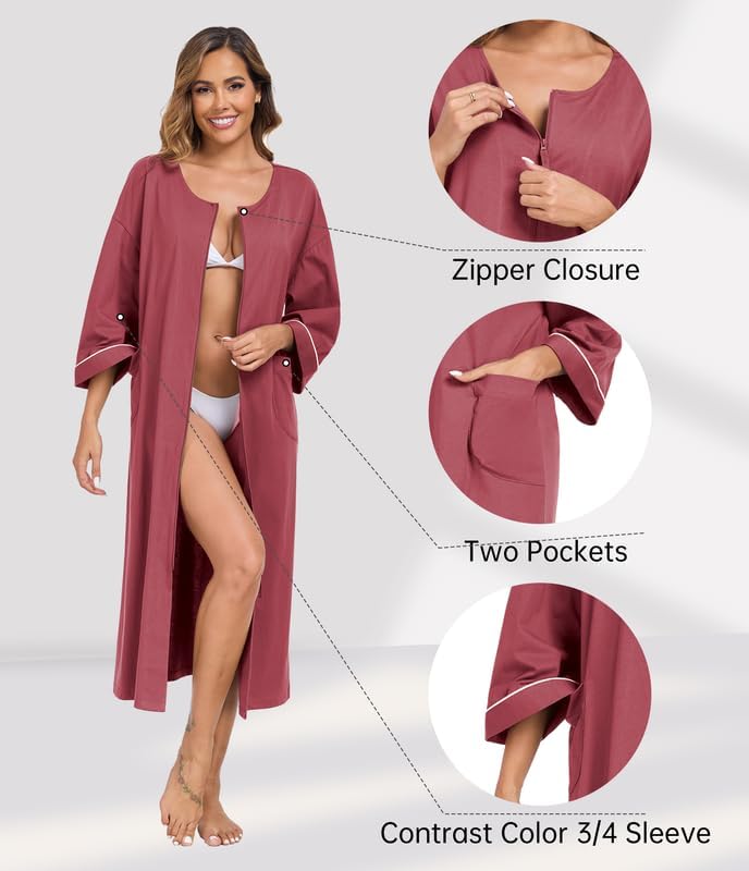 CF Women's 100% Cotton Zipper Robes 3/4 Sleeve House Coat Zip Up Housecoat Warm Full Length Loungewear with Pockets - Image 4