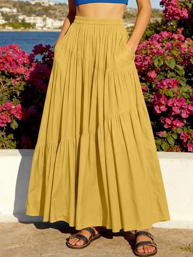 Image of ANRABESS Women's Boho Elastic High Waist Pleated A-Line Flowy Swing Asymmetric Tiered Maxi Long Skirt Dress with Pockets