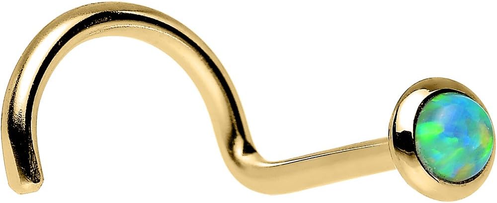 Body Candy 14k Yellow Gold 2mm Lime Synthetic Opal Right Nose Stud Screw 20 Gauge 1/4"