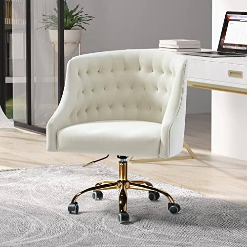 Velvet Home Office Chair with Gold Base, Comfortable Modern Cute Desk Chair, Adjustable Swivel Task Chair for Living Room Bedroom Vanity Study, Ivory