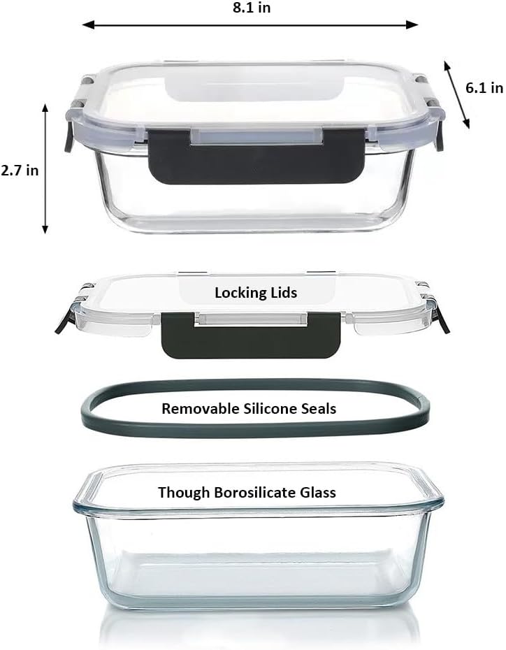 Miniatura 2 de Paquete de 5 recipientes de vidrio grandes de almacenamiento de alimentos de 37 onzas con tapas, cajas con tapas a prueba de fugas para horno,