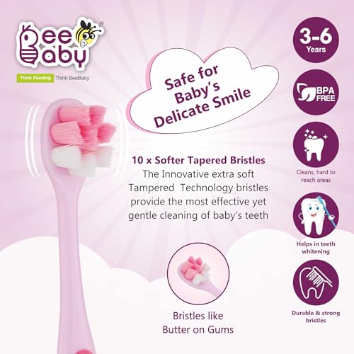 Image of BeeBaby Brush Buddy Toothbrush for Kids 3-6 Years, Long Handle for Easy Grip, 10 x Softer Tapered Bristles Ideal for Milk and Permanent Teeth, 100% BPA Free. Yellow & Pink. Pack of 2
