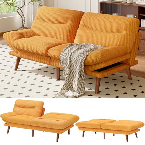Image of Amada 66 inch Convertible Futon Sofa Bed, Corduroy Folding Futon Set with Adjustable Backrest &Armrests, Recliner Lounge for Living Room, Apartment or Office, Solid Wood Frame, Loveseat Sofa - Orange
