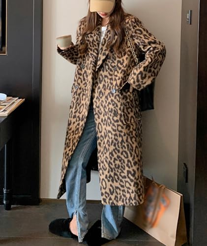 Sexyshine Women's Leopard Print Long Trench Coat Notched Lapel Double Breasted Pea Coat Wool Overcoat Jacket2