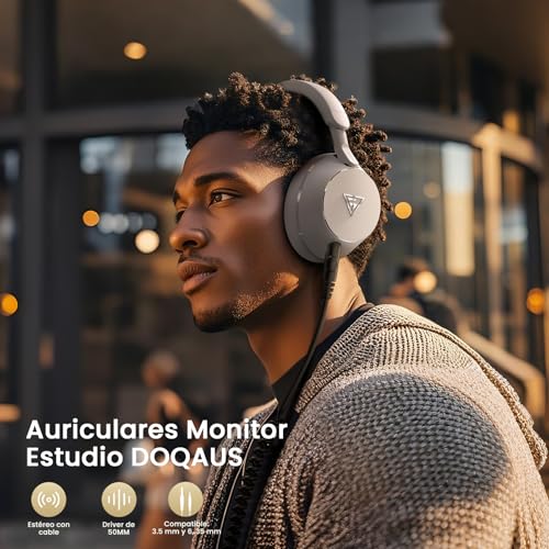 DOQAUS Auriculares DJ con Cable, Estéreo de Mezcla y Monitor de Estudio, 50mm Controladores,2 Cables (3.5 y 6.35mm) Conector de Audio para PC AMP Grabación de Teléfono Piano Guitarra, Blanco - imagen 2