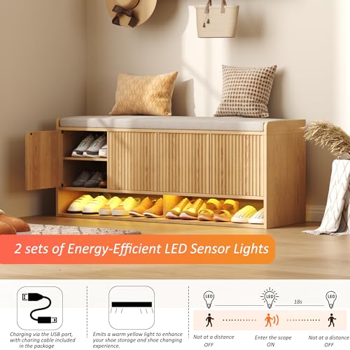 HOMEFORT 47.2\" Fluted Shoe Storage Bench, Entryway Bench with Linen Seat Cushion, Shoe Cabinet Bench with Adjustable Shelf and Built-in LED Sensor Light, Bench for Bedroom End of Bed, Natural Oak