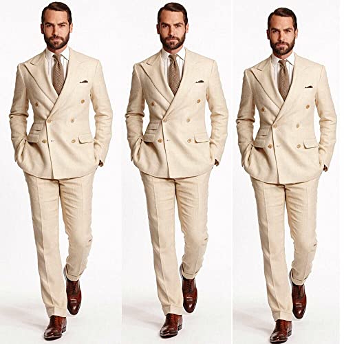 Double Breasted Men's 2 Pieces Beige Linen Tuxedos Prom Business Casual Suits Blazer Pants2