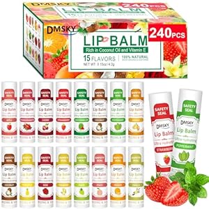 DMSKY 240 Pack Lip Balm, Natural Lip Balm Bulk with Vitamin E and Coconut Oil, Moisturizing Lip Balm for Dry Cracked Lips, Lip Balm for Stocking Stuffers – 15 Flavors