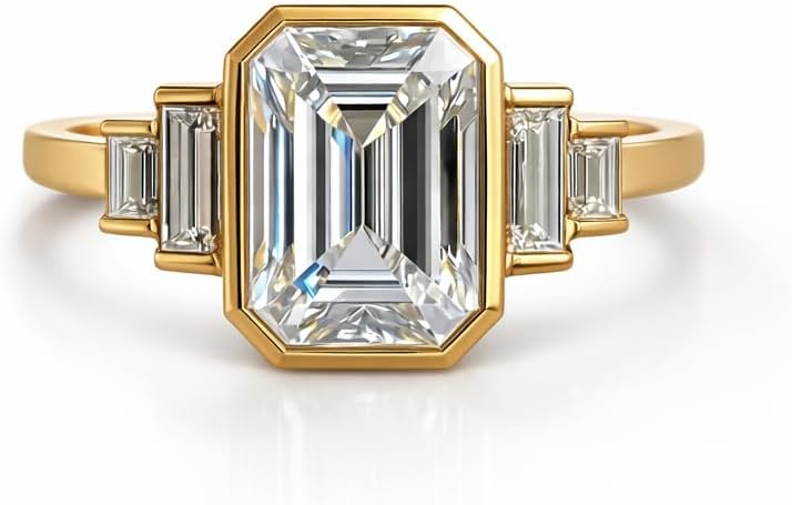 14K Yellow Gold Emerald Cut Moissanite Ring Bezel Set Three Stone Engagement Ring with Baguette Side Stones Vintage Art Deco Bridal Promise Gift for Women