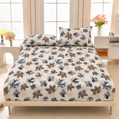 Image of VOMZER Elastic Fitted Warm Flannel Bedsheet King Size Warm Velvet Bedsheet for Winter Double Bed | 2 Pillow Covers, Size - 72 x 78 x 8 Inches (Autumn Leaf)