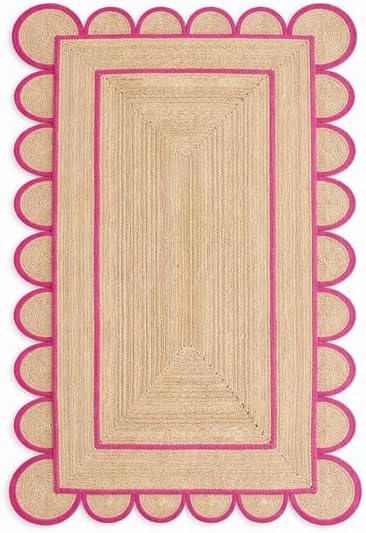 Handmade Jute Area Rug with Scalloped Border Design Natural Fiber Indoor Carpet for Living Room Bedroom Entryway Flat Woven Durable Floor Rug
