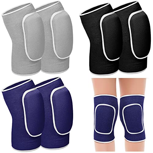 Hungdao 3 Pairs Volleyball Knee Pads for Kids Soft Breathable Brace Non Slip Padded Sponge Knee Support for Girls Boys Dance, Football, Skating, Running, Youth Sports(X-Small,Black, Blue, Gray)