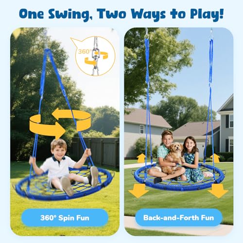 Image of Trekassy 750lbs 40 inch Spider Web Saucer Tree Swing for Kids Adults, Outdoor Net Swing with Steel Frame and 2 Hanging Straps-Blue+Black (Patented)