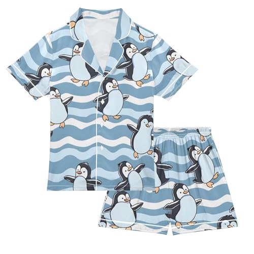 ALAZA Dancing Penguin Wave Pajamas Satin Pajama Set Short Sleeve Button Down Sleepwear
