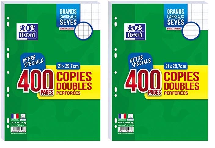 OXFORD Lot de 800 Pages Copies Doubles Grands Carreaux Seyes Format A4 (21x29,7cm) Perforees