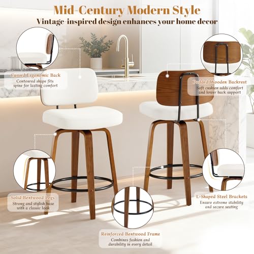 Image of Counter Height Bar Stools Set of 1, 26+inch Swivel Faux Leather Barstool with Back, Upholstered Mid-Century Modern Bar Chairs with Bent Wood Legs for Kitchen Counter, Dining Room,White