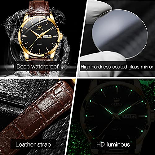 Date Day Man Wrist Watch, Black Dial, Brown,Casual, Dress Watches For Men,Black Steel Leather Band, Luminous And Waterproof #TOP3