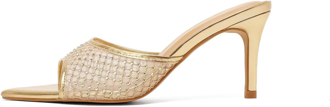 Women's Mesh Rhinestone Mule Heeled Sandals Slip On Pointed Open Toe 3 Inch Stiletto Dressy Party Casual Shoes