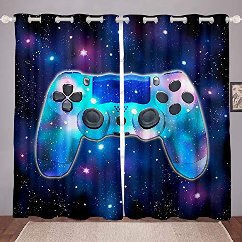 Loussiesd Boys Game Curtains for Bedroom Gamer Video Game Room Curtain Teens Toddler Kids Galaxy Starry Sky Window Gaming Gamepad Window Draperies Blue W46*L72