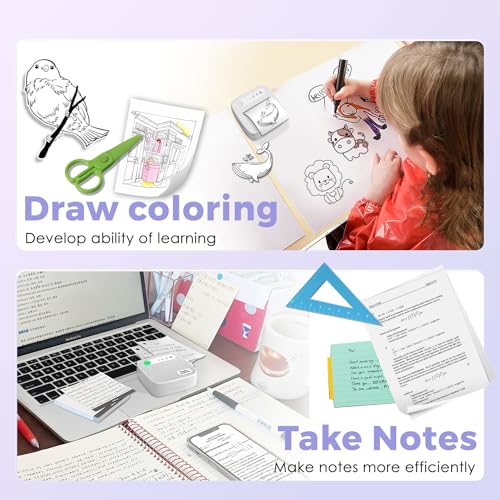 Mini impressora com 6 rolos de papel adesivo, impressora de recibos para notas de estudo, imagens, f