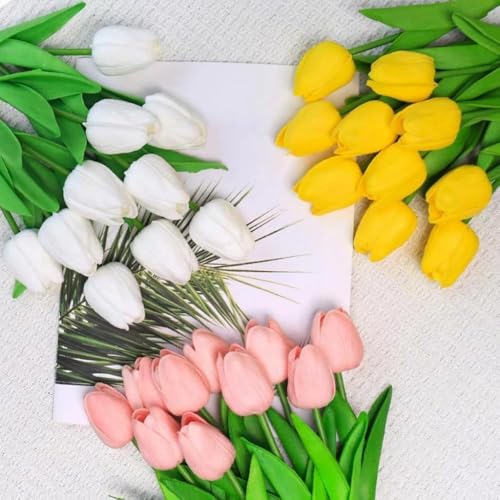 Image of Artificial Tulip Flower Stems (Pack of 5, Vase Not Included) - Realistic Faux Flowers for Home Decor, Living Room, Bedroom, Office, Wedding Decoration (Yellow)