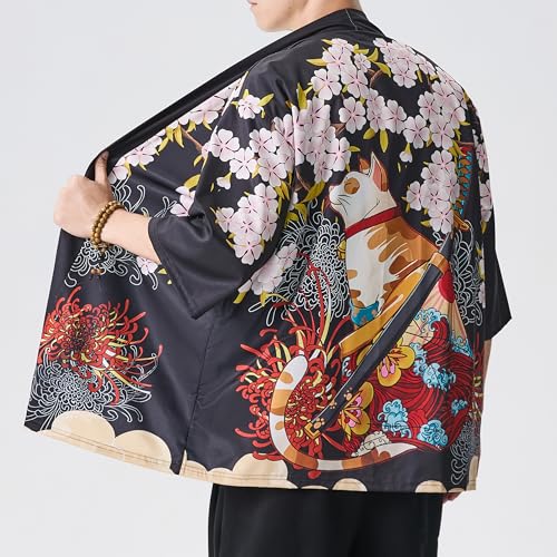 Image of Men's Japanese Kimono Robe Jacket Lightweight 3 /4 Sleeve Open Front Yukata | Silky Smooth Fashion Print Happi Coat Lightweight Breathable Loose Unisex Haori Casual Summer Cardigan Daily Beach Vacation