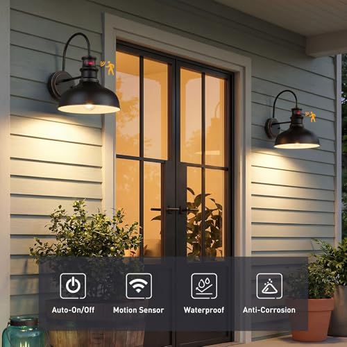 Image of zeyu 11'' Black Porch Light Fixture Wall Mount, Farmhouse Exterior Barn Light for Garage Patio, Motion Sensor Outdoor Barn Light with Metal Finish, 02A390-SE ROB