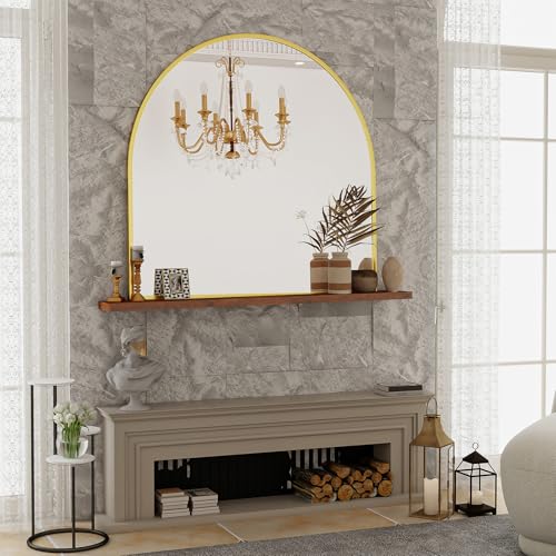 Image of VooBang Wide Arched Wall Mirror, 38 x 40 inch Arch Bathroom Mirror, Wall Mounted Vanity Mirror with Arch Metal Frame, Modern Bathroom Vanity Mirror for Bedroom, Living Room, Hanging or Leaning, Gold
