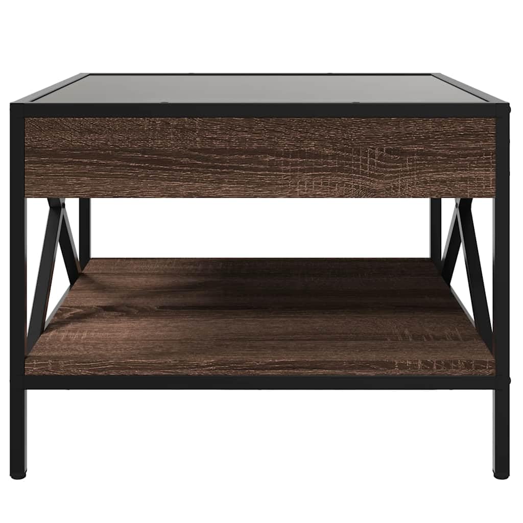 Stolik kawowy z diodami LED Infinity o wyglądzie brązowego dębu, 50 x 50 x 38 cm, materiał drewnopochodny z metalowymi nóżkami, uniwersalny stolik pomocniczy i stolik do odkładania do salonu