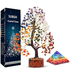 Seven Chakra Gemstone Tree With Seven Chakra Orgone Pyramid, Crystal Tree, Fake Plants Home Decor, Crystals, Birthday Gifts for Women, Office Desk Accessories, Crystals and Healing Stones, Gift 10-12″