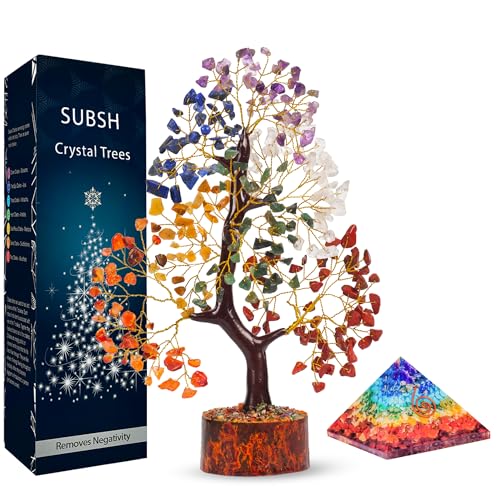 Seven Chakra Gemstone Tree With Seven Chakra Orgone Pyramid, Crystal Tree, Fake Plants Home Decor, Crystals, Birthday Gifts for Women, Office Desk Accessories, Crystals and Healing Stones, Gift 10-12″