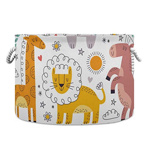 Image of AJINGA Collapsible Round Storage Basket Fabric Toy Chest Organizer, Cute Cartoon Animal Laundry Basket with Drawstrings for Kids