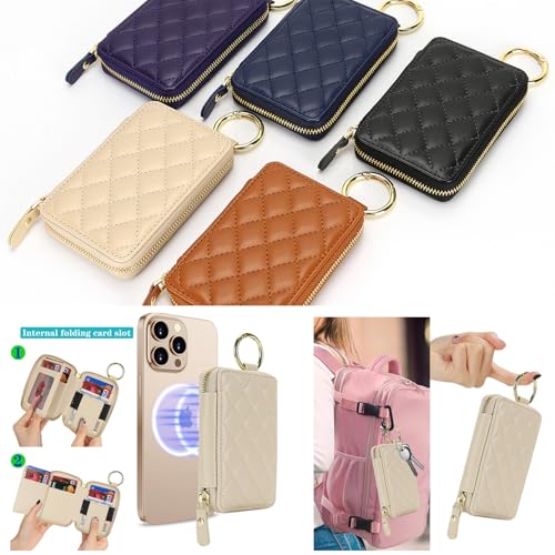 Image of Compatible with MagSafe Wallet,Magnetic Phone Wallet Card Holder for iPhone 17 /16 Pro Max /15 Pro /14 Plus /13 /12 Series,PU Leather Zipper Pocket Adjustable Stand-Beige