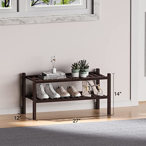 2 Tier (Thick) Bamboo Shoe Rack for Closet Free Standing Wood Shoe Shelf for Entryway Small Space Stackable 27"x12"x14" (Black Brown)