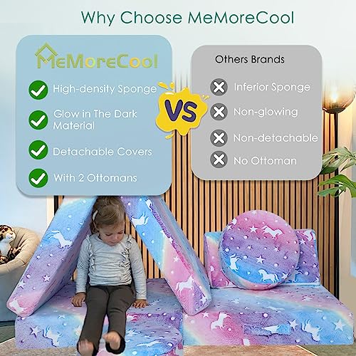 MeMoreCool Modular Glow Sofa for Kids – 8-Piece Foam Play Couch Set | Convertible Design, Glow-in-The-Dark Unicorn & Rainbow Pattern, Washable Cover, Playroom Fun