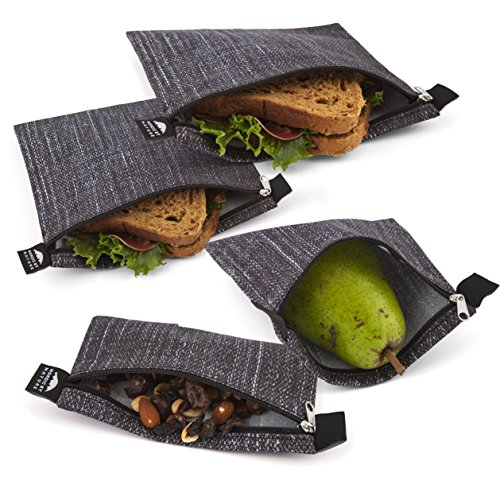 Nordic By Nature 4 Pack - Reusable Sandwich Bags Dishwasher Safe BPA Free - Durable Washable Quick Dry Cloth Baggies -Reusable Snack Bags For Kids School Lunches - Easy Open Zipper- (Black Denim)