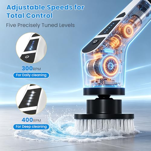 Miniatura 4 de Cepillo Electrico Limpieza Hogar,Cepillo Limpieza Electrico Con 9 Cabezales Reemplazables,Dos Velocidades Regulables,Mango Telescópico, Baño,Cocina Y Automóvil