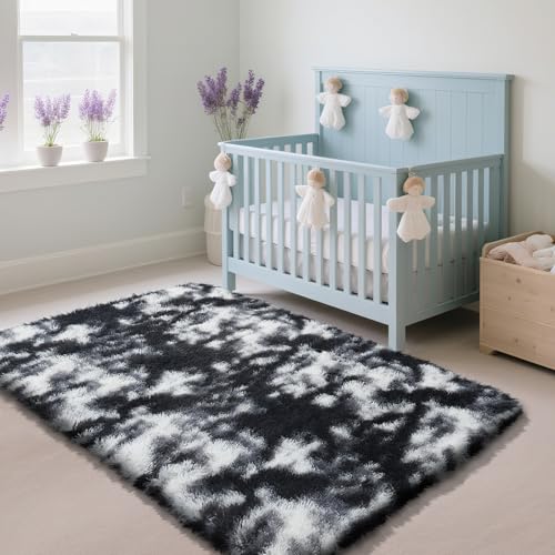 Fluffy Rug Shaggy Area Rug, Mottling Black 3x5 Area Rugs for Bedroom, Small Bedside Rug, Soft Fluffy Shaggy Entryway Throw Rugs for Living Room Bedroom Kids Room Home Decor
