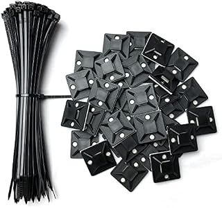 Oksdown 100 Pack Black Plastic Nylon Cable Ties with 60 Pieces Strong 25x25mm/1inch Self Adhesive Wire Tidy Clips Mount Base Holders Small Zip Tie 150×2.5mm(6×0.1inch) for Cable Management