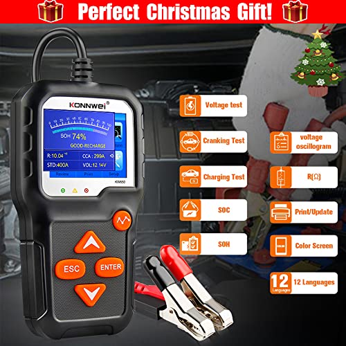 KONNWEI KW650 6V 12V Car Battery Tester 100-2000 CCA Battery Load Tester Auto Battery and Alternator Tester for Vehicle/Marine/Motorcycle/Lawn Mobile