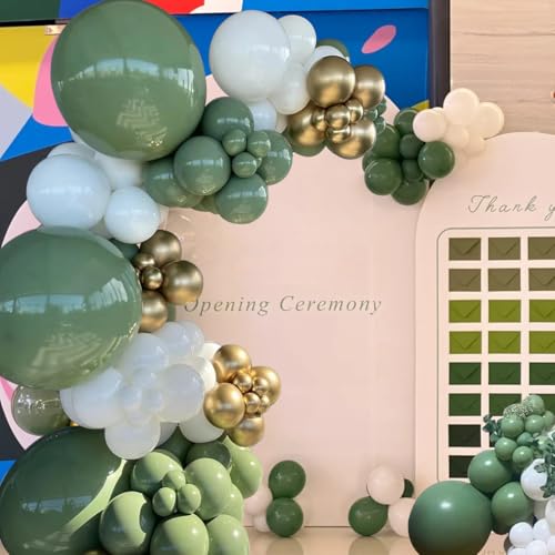 Image of MEBAY Green White Gold Balloon Arch Kit, 146Pcs Avocado Green Metallic Chrome Gold Confetti and White Latex Balloons for Wedding Birthday Baby Shower Decoration
