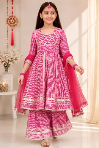 Image of Preneum Girl's Cotton Rayon Bandhani & Lahariya Printed Angrakha Kurta with Sharara & Dupatta