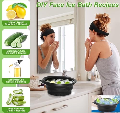Image of Eitheo Silicone Face Ice Bowl with Built-in Ice Tray | Collapsible Facial Ice Bath Bowl for Skin Tightening & Puffiness | Portable Foldable Skincare Ice Plunge Tub (Black)