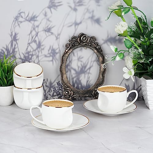 Image of Dandy Lines Face Gold Band Cups and Saucers, Cup and Saucer for Tea, Ceramic, Pack of 6, Microwave & Dishwasher Safe, Great for Hosting & Gifting
