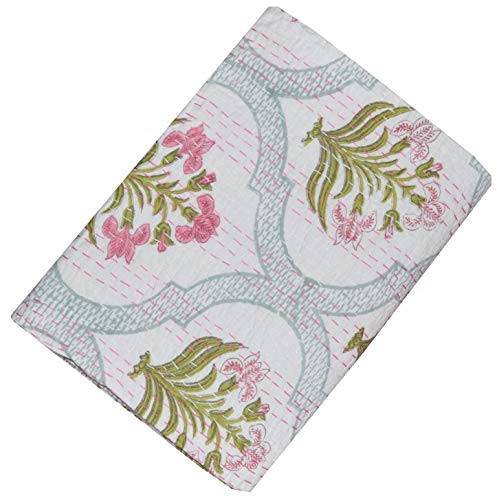 YUVANCRAFTS Colcha de algodón con estampado de bloques indios, tamaño Queen, Kantha, colcha Kantha, colcha de algodón, colcha bohemia Kantha (blanco, tamaño individual de 90 x 60 pulgadas)