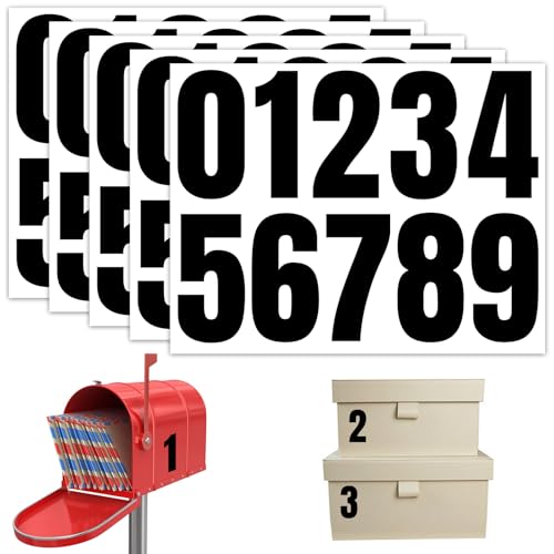 Fourindo Lot de 5 feuilles d'autocollants numérotés noirs - 10 cm - En vinyle autocollant - Résistant aux intempéries et imperméable - Chiffres de 0 à 9 - Pour...