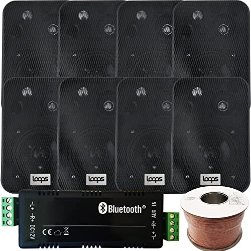 Loops Bar & Restaurant Bluetooth Speaker Kit – 8x 70W 4 Black Wall Mounted Satellite/Corner Speakers & Amp Amplifier – Wireless Background Music – Pub, Club, Shop, Café, Office