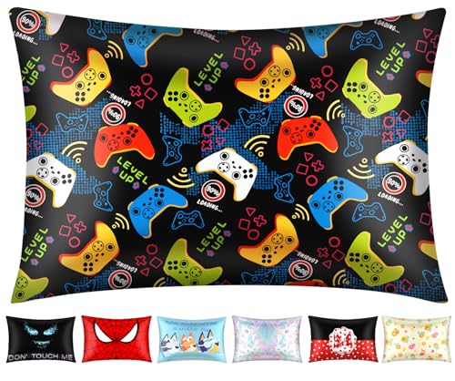 Miss Adola 1 Pack Kids Pillowcase Mulberry 30"x20" Queen Silk Pillowcase for Hair and Skin 19 Momme Silk Pillow Case Cute Cartoon Kawaii Fun Pillowcase Gifts for Teens Boys Girls, Black Game