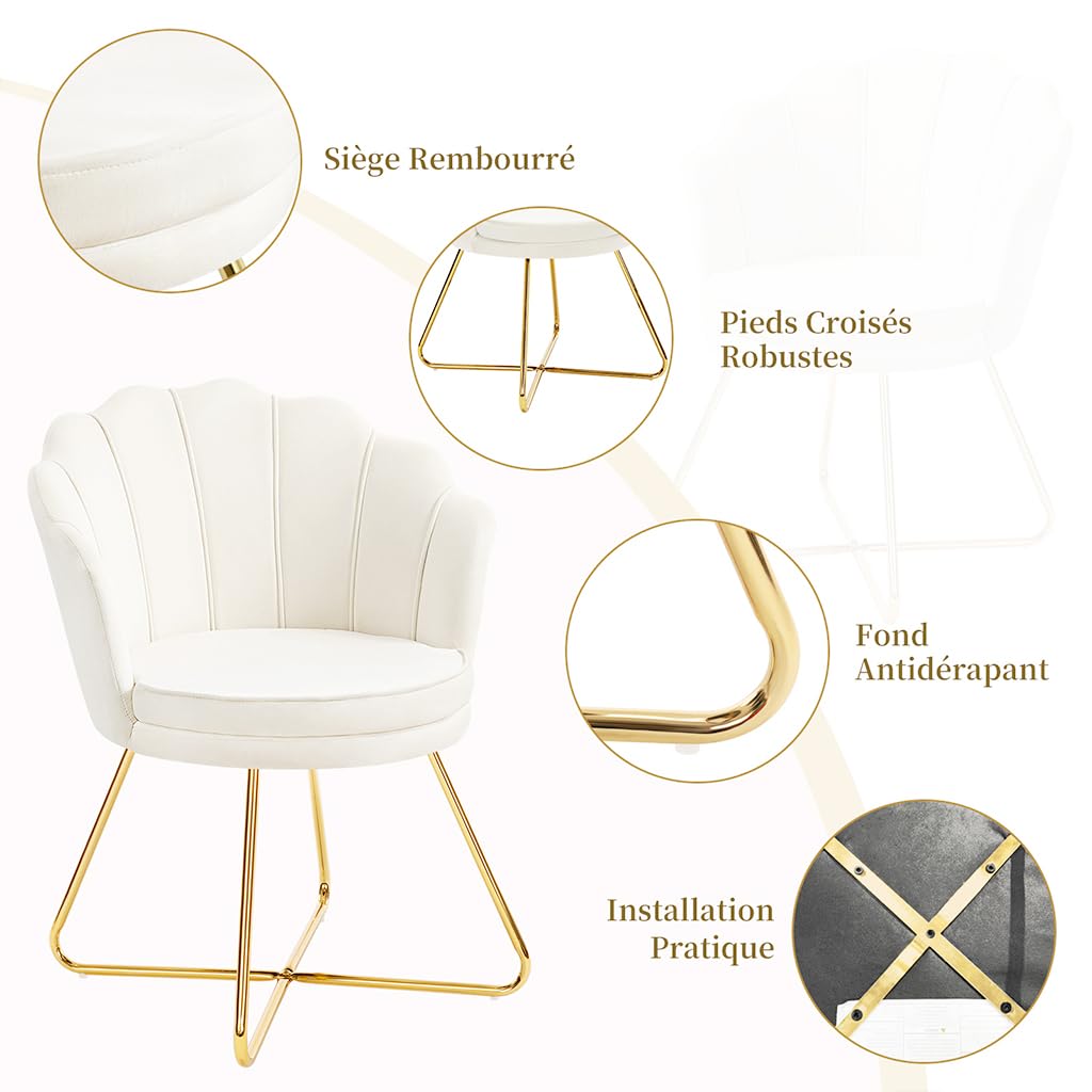 Hellove Chaise Coiffeuse, Chaise Coquillage Velours avec Pieds en Métal l'or, Fauteuil Salon Confortable, Fauteuil Lecture, Chair pour Salon, Chambre, Tabouret Coiffeuse, Beige