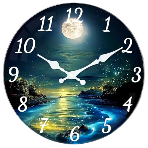TGHHPC Glass Wall Clock Battery Operated - 8 Inch Silent Non Ticking Analog Clock, Modern Quartz Unique Starry Night Large Numbers Decorative Wall Clocks for Living Room Bedroom Office Hotel Gym